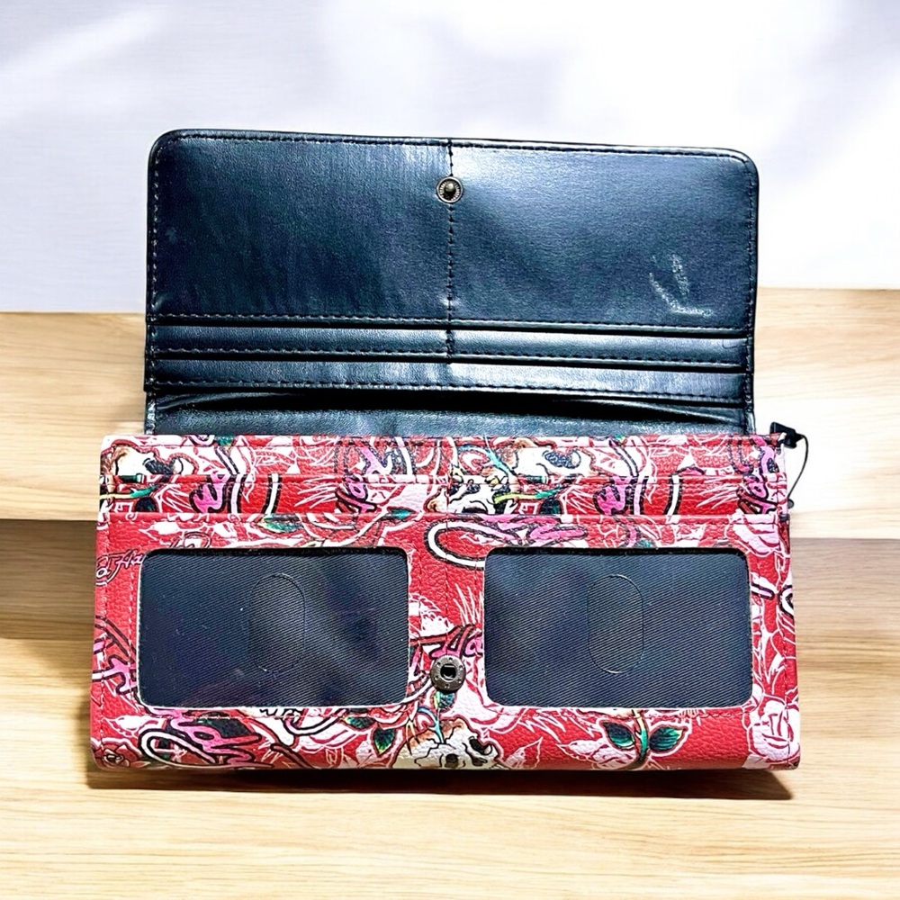 New Ed Hardy rhinestone skull and roses tattoo  folover wallet - Picture 3 of 5